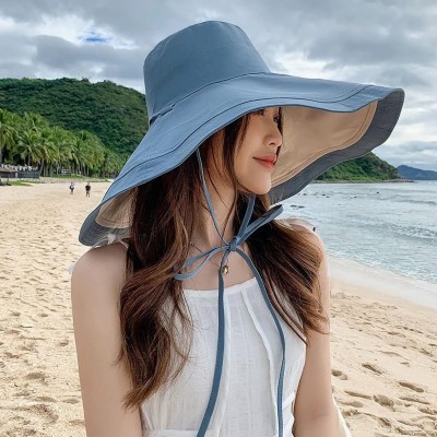 HUAMULAN Women's Reversible Wide Brim UV Sun Hat Blue Beige HUAMULAN Women's Reversible Wide Brim UV Sun Hat Blue Beige