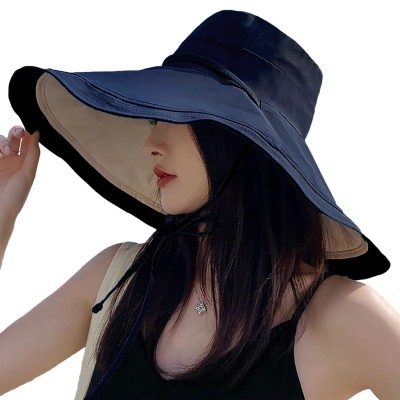 HUAMULAN Women's Reversible Wide Brim Sun Hat Navy Beige UV Protection