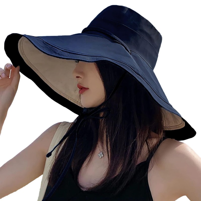 HUAMULAN Women's Reversible Wide Brim Sun Hat Navy Beige UV Protection