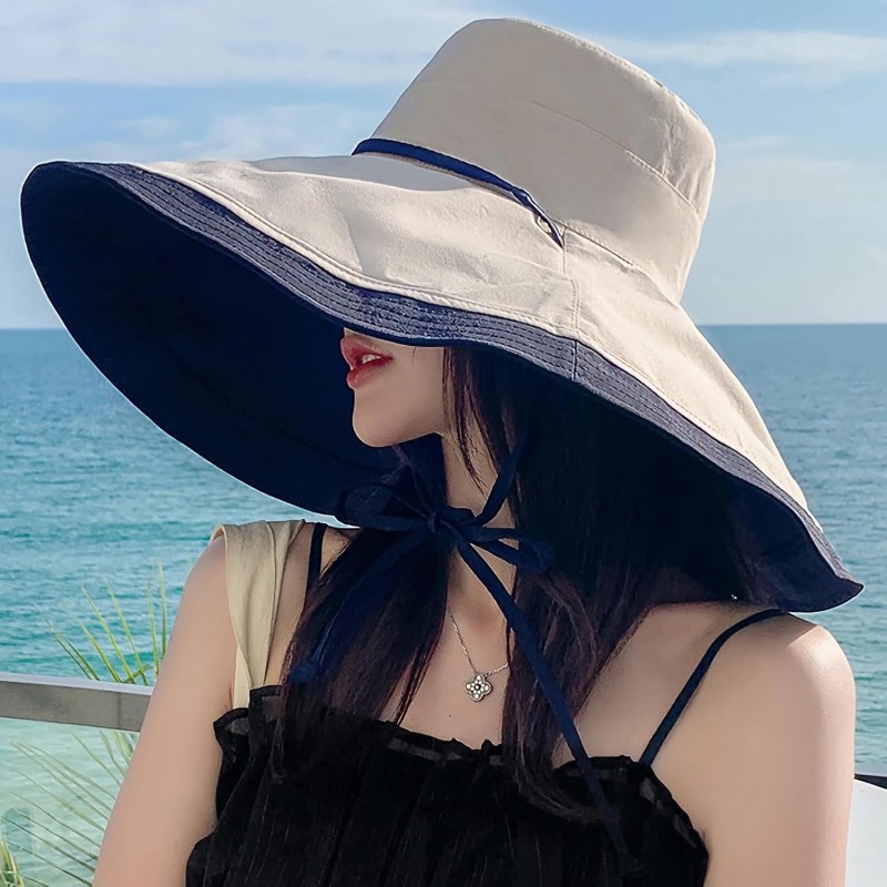 HUAMULAN Women's Reversible Wide Brim Sun Hat Navy Beige UV Protection