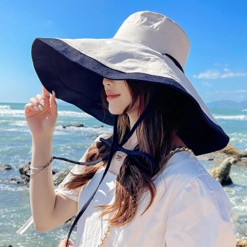 HUAMULAN Women Reversible Wide Brim Sun Hat UV Protection Foldable Beach Travel Bucket Hat Navy Beige HUAMULAN Women Reversible Wide Brim Sun Hat UV Protection Foldable Beach Travel Bucket Hat Navy Beige