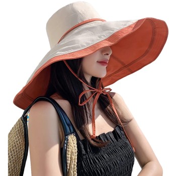HUAMULAN Women Wide Brim Sun Hat UV Protection Reversible Foldable Beach Travel Fishing Hat Orangebeige HUAMULAN Women Wide Brim Sun Hat UV Protection Reversible Foldable Beach Travel Fishing Hat Orangebeige