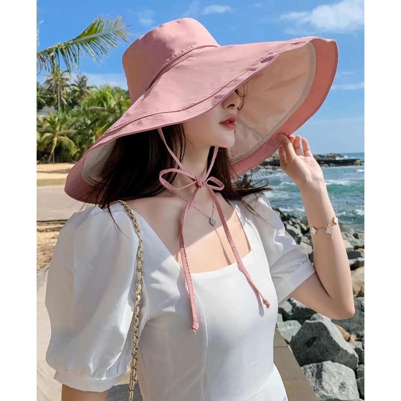 HUAMULAN Reversible Bucket Sun Hat UV Protection Foldable Beach Hat HUAMULAN Women’s Reversible Bucket Sun Hat in Pinkbeige for Beach Travel