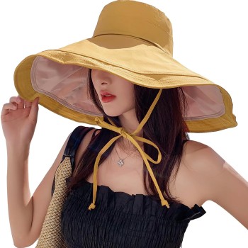 HUAMULAN Women's Wide Brim Sun Hat Reversible Foldable Wired Edge UV Protection Beach Fishing Travel Yellow Beige