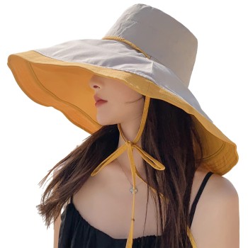 HUAMULAN Women's Wide Brim Sun Hat Reversible Foldable Wired Edge UV Protection Beach Fishing Travel Yellow Beige HUAMULAN Women's Wide Brim Sun Hat Reversible Foldable Wired Edge UV Protection Beach Fishing Travel Yellow Beige
