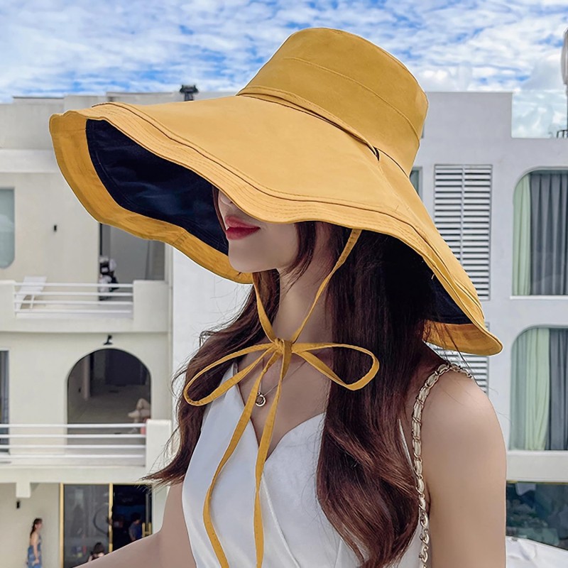 HUAMULAN Women's Reversible Foldable Sun Hat Yellow Black