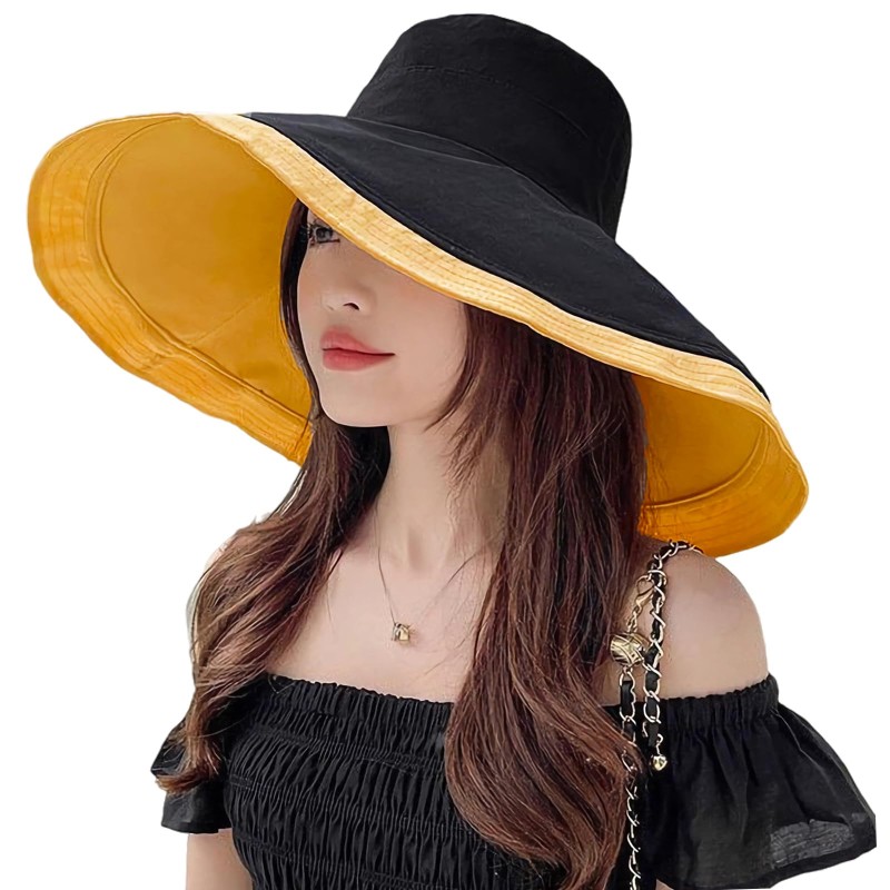 HUAMULAN Women's Reversible Foldable Sun Hat Yellow Black