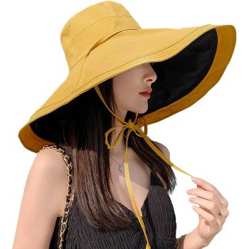 HUAMULAN Women's Wide Brim Reversible Foldable Sun Hat UV Protection Beach Fishing Yellow Black