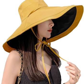 HUAMULAN Women's Wide Brim Reversible Foldable Sun Hat UV Protection Beach Fishing Yellow Black