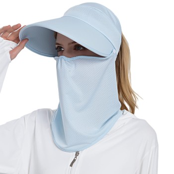 Women’s Wide Brim Sun Hat Detachable Face Mask UV Protection Ponytail Outdoor Hiking Fishing One Size