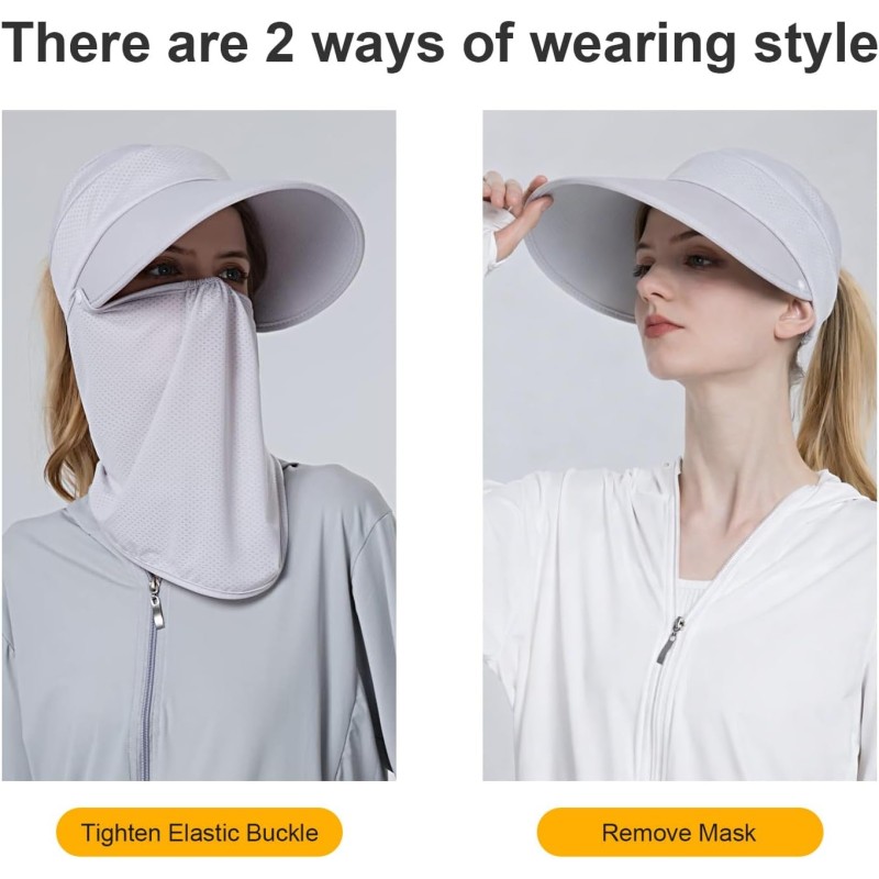 Women's Wide Brim Sun Hat with Neck Flap and Face Mask for Fishing Hiking Women wearing wide brim sun hat with detachable neck flap and face mask for UV protection while fishing