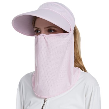Women Wide Brim Sun Hat Detachable Face Mask Neck Flap UV Protection Ponytail Outdoor Hiking Fishing Garden One Size Pink