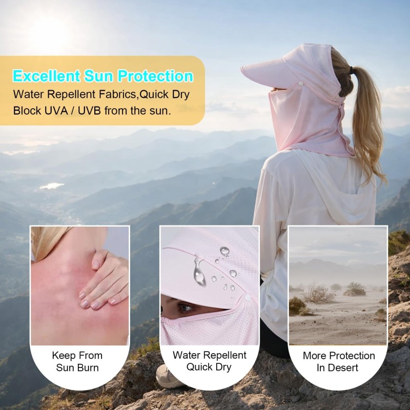 Pink Wide Brim Sun Hat with Detachable Face Mask Neck Flap Women's pink wide brim sun hat with detachable face mask and neck flap for UV protection