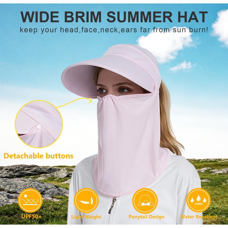 Pink Wide Brim Sun Hat with Detachable Face Mask Neck Flap Women's pink wide brim sun hat with detachable face mask and neck flap for UV protection