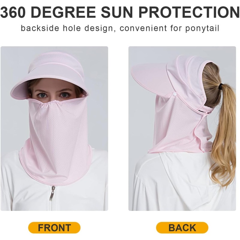 Pink Wide Brim Sun Hat with Detachable Face Mask Neck Flap Women's pink wide brim sun hat with detachable face mask and neck flap for UV protection