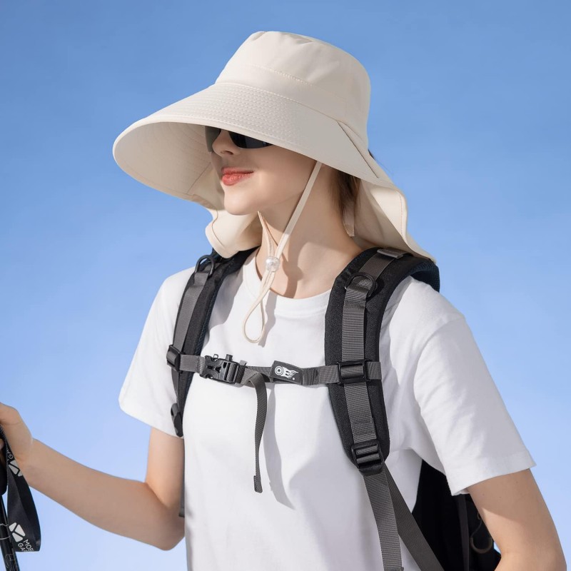 UPF 50+ Sun Hat Neck Flap Packable Hiking Fishing Safari Beige UPF 50+ sun hat with neck flap, beige color, designed for hiking, fishing and safari