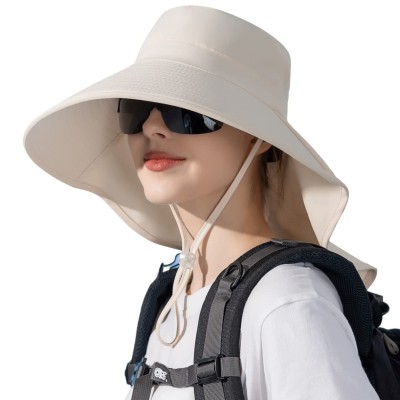 UPF 50+ Sun Hat Neck Flap Packable Hiking Fishing Safari Beige UPF 50+ sun hat with neck flap, beige color, designed for hiking, fishing and safari