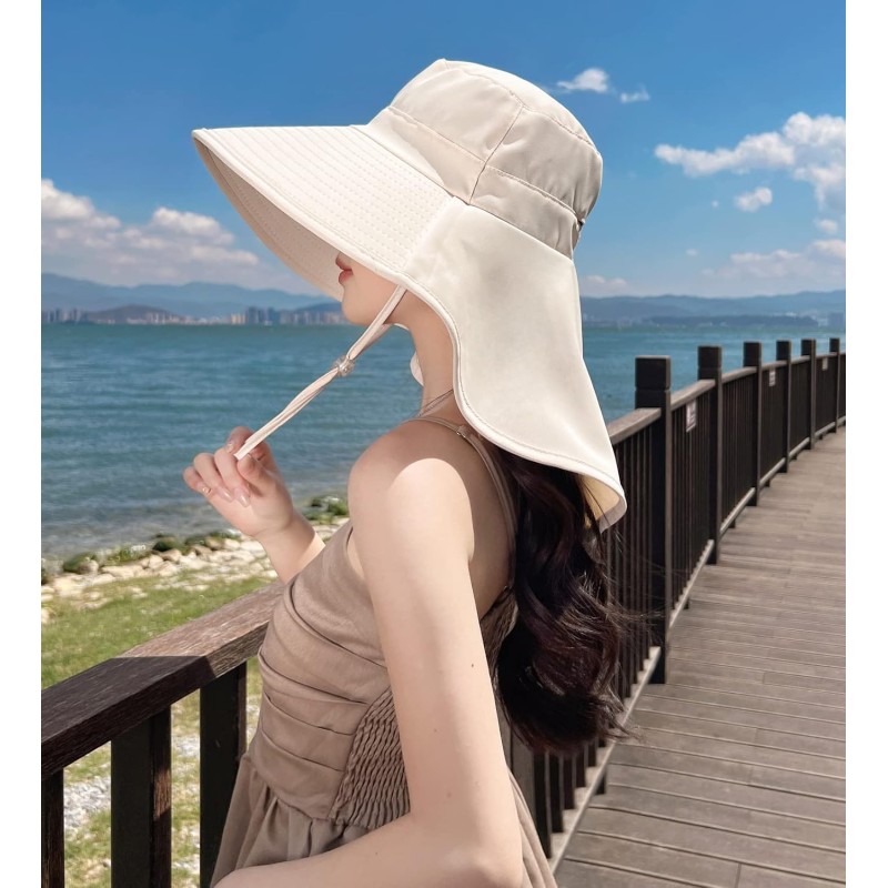 UPF 50+ Sun Hat Neck Flap Packable Hiking Fishing Safari Beige UPF 50+ sun hat with neck flap, beige color, designed for hiking, fishing and safari