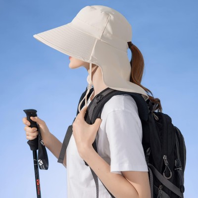 UPF 50+ Sun Hat Neck Flap Packable Hiking Fishing Safari Beige UPF 50+ sun hat with neck flap, beige color, designed for hiking, fishing and safari