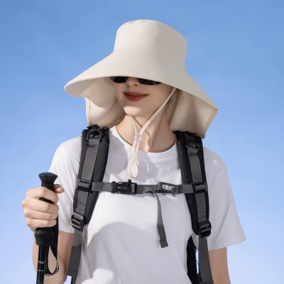UPF 50+ Sun Hat Neck Flap Packable Hiking Fishing Safari Beige UPF 50+ sun hat with neck flap, beige color, designed for hiking, fishing and safari