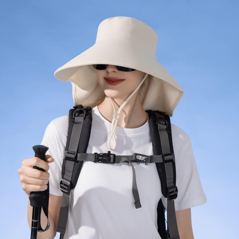 UPF 50+ Sun Hat Neck Flap Packable Hiking Fishing Safari Beige UPF 50+ sun hat with neck flap, beige color, designed for hiking, fishing and safari