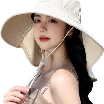 UPF 50+ Sun Hat for Summer, Neck Flap Quick Dry Packable Hiking Fishing Safari Hat Women Men One Size Beige