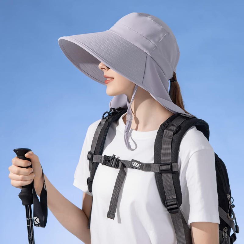 HUAMULAN Women's UPF50+ Packable Sun Hat (Light Gray) HUAMULAN Women's Light Gray UPF50+ Sun Hat with Neck Flap for Hiking and Fishing