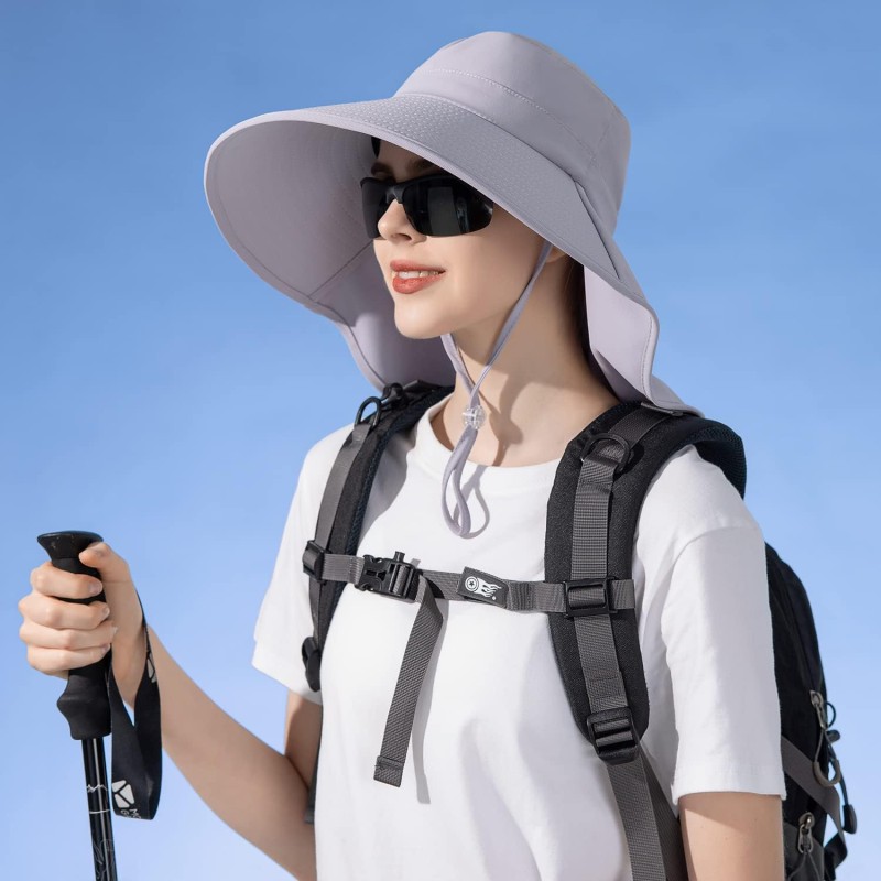 HUAMULAN Women's UPF50+ Packable Sun Hat (Light Gray) HUAMULAN Women's Light Gray UPF50+ Sun Hat with Neck Flap for Hiking and Fishing