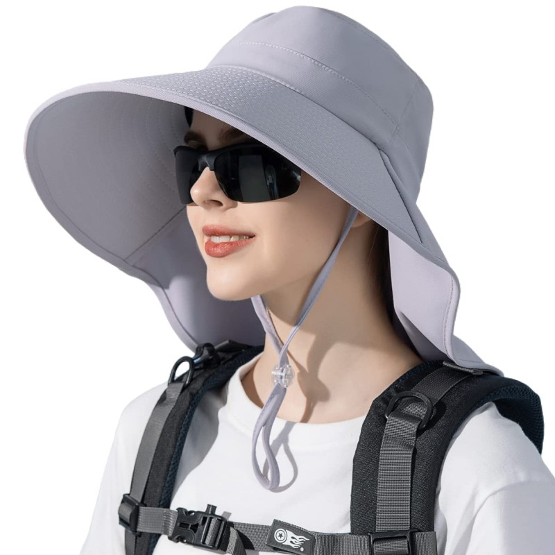 HUAMULAN Women's UPF50+ Packable Sun Hat (Light Gray) HUAMULAN Women's Light Gray UPF50+ Sun Hat with Neck Flap for Hiking and Fishing