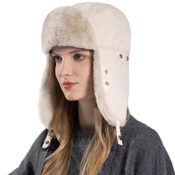 HUAMULAN Women Men Winter Trapper Ushanka Hat Beige Ear Flaps Windproof Outdoor Ski Hunting Cap One Size