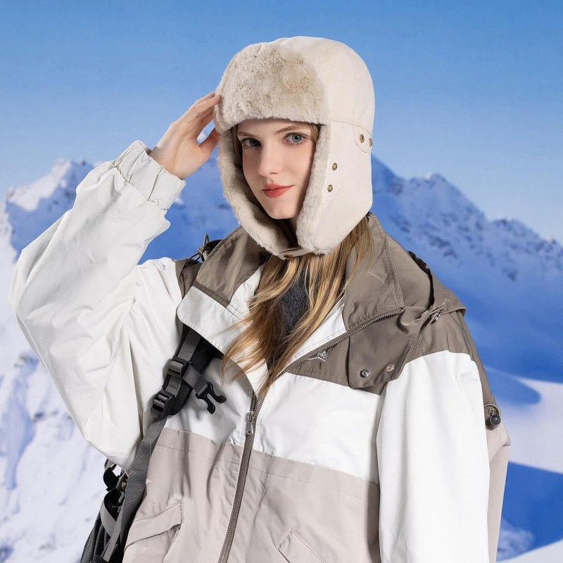 HUAMULAN Winter Trapper Ushanka Hat Beige Ear Flaps HUAMULAN Beige Ushanka Trapper Hat with Ear Flaps for Men and Women