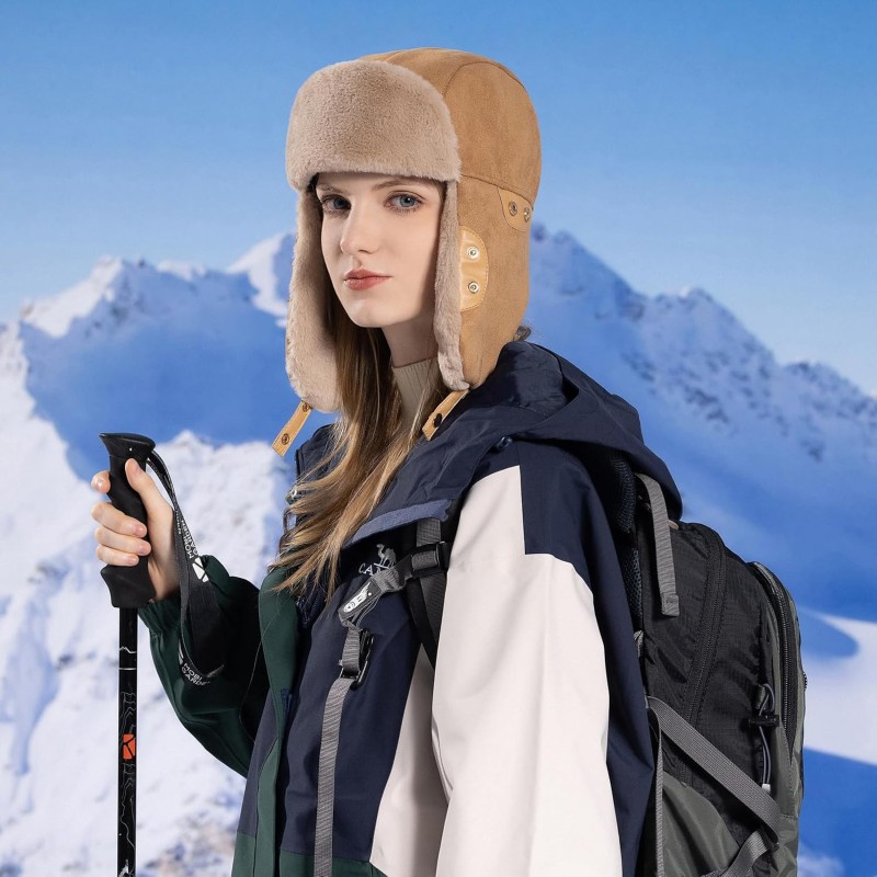 HUAMULAN Khaki Ushanka Trapper Hat with Ear Flaps for Winter