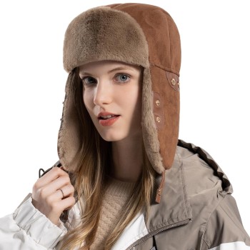HUAMULAN Men Women Warm Winter Trapper Hat Ushanka Windproof Brown Outdoor Ski Hunting Ear Flaps Cap One Size