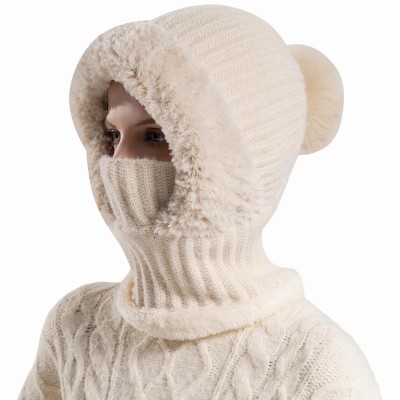 HUAMULAN Women's Fleece Lined Pom Pom Beanie Balaclava Beige Winter Ski HUAMULAN Women's Beanie Balaclava Beige Fleece Lined Pom Pom for Winter Ski