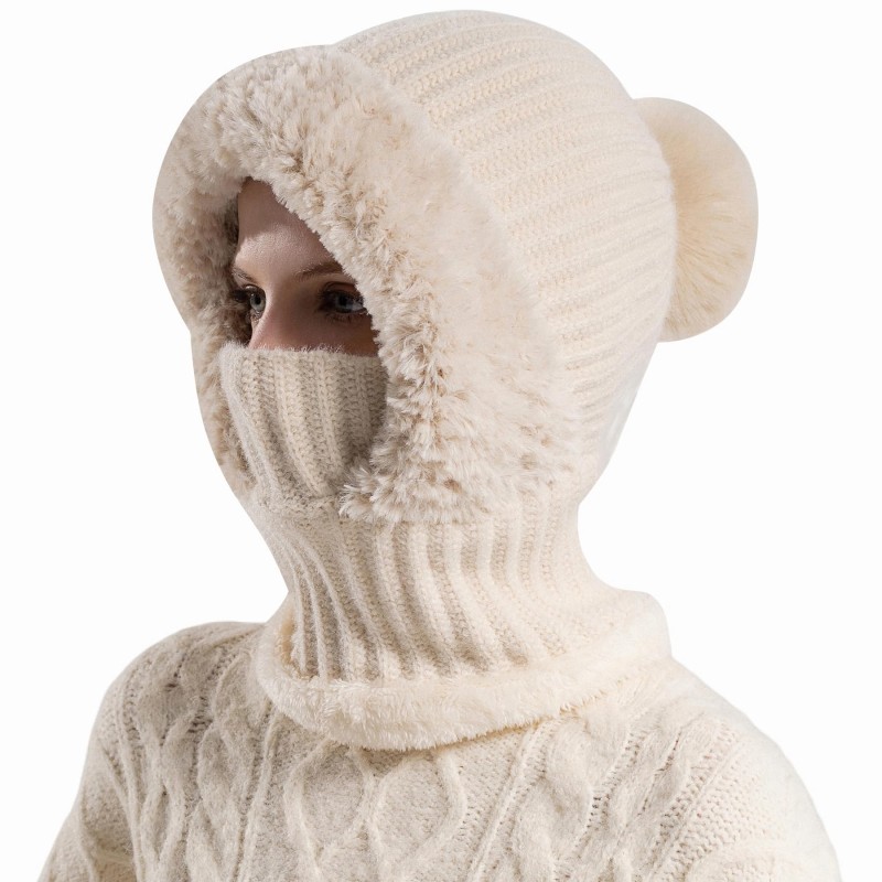 HUAMULAN Women's Fleece Lined Pom Pom Beanie Balaclava Beige Winter Ski HUAMULAN Women's Beanie Balaclava Beige Fleece Lined Pom Pom for Winter Ski