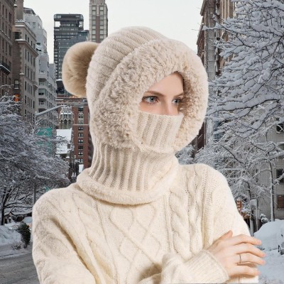 HUAMULAN Women's Fleece Lined Pom Pom Beanie Balaclava Beige Winter Ski HUAMULAN Women's Beanie Balaclava Beige Fleece Lined Pom Pom for Winter Ski