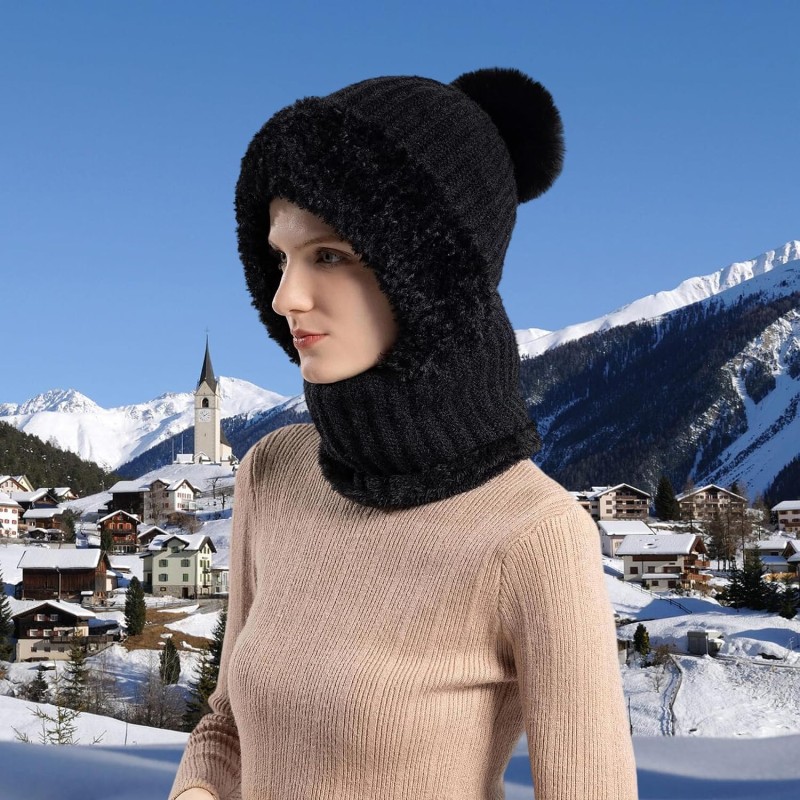 HUAMULAN Winter Balaclava Hat Mask Scarf Set for Ski HUAMULAN Women's Fleece Lined Balaclava Hat with Faux Fur Pompom
