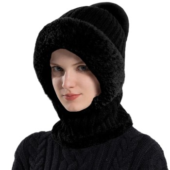 HUAMULAN Women's Winter Extreme Cold Fleece Lined Balaclava Hat Mask Scarf Set Pompom Faux Fur Ski