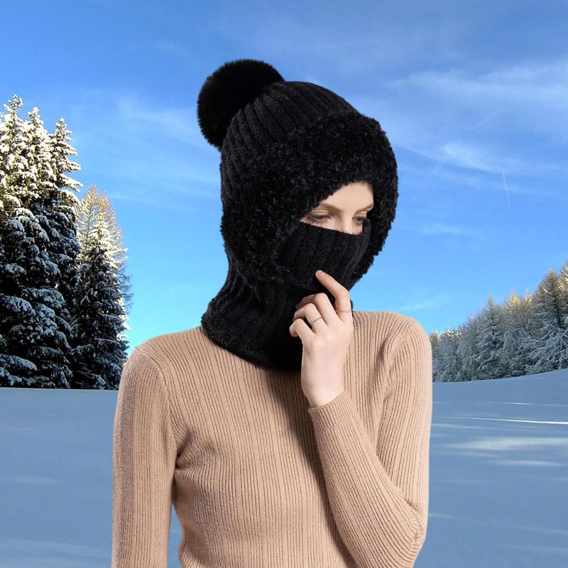 HUAMULAN Winter Balaclava Hat Mask Scarf Set for Ski HUAMULAN Women's Fleece Lined Balaclava Hat with Faux Fur Pompom