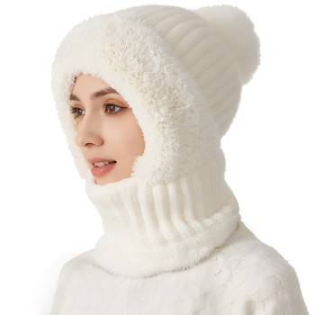 HUAMULAN Women's Cream White Fleece Lined Winter Balaclava 3-in-1 Ski Hat Mask Scarf with Pompom