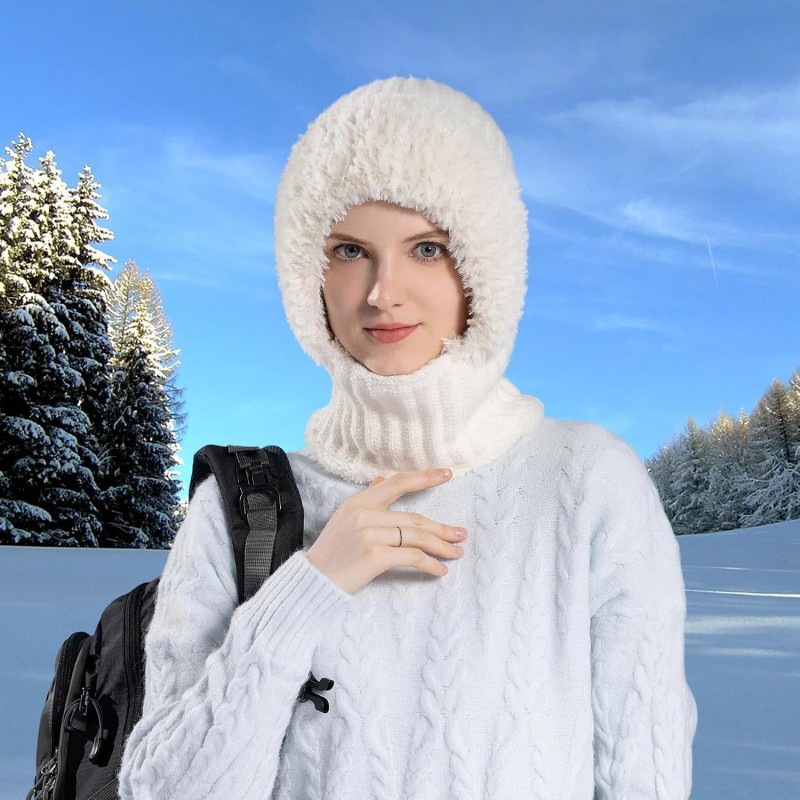 HUAMULAN Women's Cream Fleece Lined 3-in-1 Ski Balaclava Hat HUAMULAN Women's Cream White Fleece Lined 3-in-1 Winter Balaclava Ski Hat Mask Scarf with Pompom