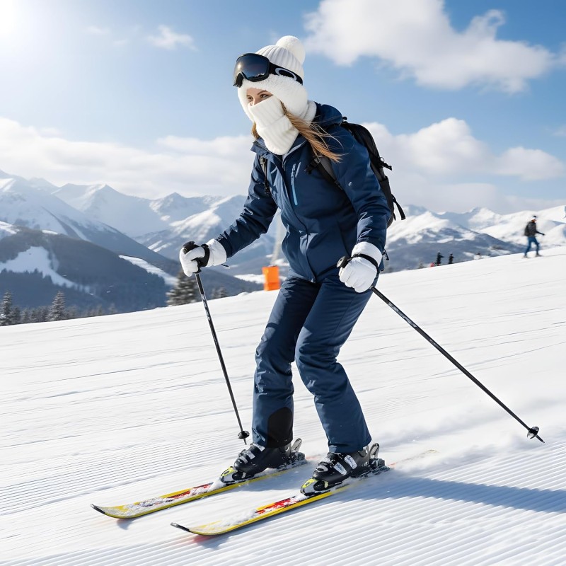 HUAMULAN Women's Cream Fleece Lined 3-in-1 Ski Balaclava Hat HUAMULAN Women's Cream White Fleece Lined 3-in-1 Winter Balaclava Ski Hat Mask Scarf with Pompom