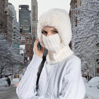 HUAMULAN Women's Cream White Fleece Lined Winter Balaclava 3-in-1 Ski Hat Mask Scarf with Pompom HUAMULAN Women's Cream White Fleece Lined Winter Balaclava 3-in-1 Ski Hat Mask Scarf with Pompom