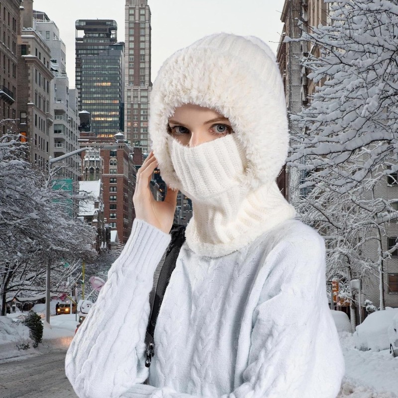 HUAMULAN Women's Cream Fleece Lined 3-in-1 Ski Balaclava Hat HUAMULAN Women's Cream White Fleece Lined 3-in-1 Winter Balaclava Ski Hat Mask Scarf with Pompom