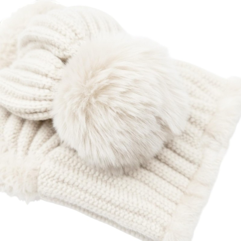 HUAMULAN Women's Cream Fleece Lined 3-in-1 Ski Balaclava Hat HUAMULAN Women's Cream White Fleece Lined 3-in-1 Winter Balaclava Ski Hat Mask Scarf with Pompom