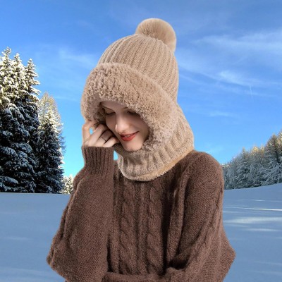 HUAMULAN Khaki 3-in-1 Fleece Lined Winter Balaclava Beanie with Pompom for Skiing