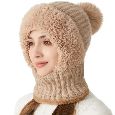 HUAMULAN Khaki 3-in-1 Fleece Lined Winter Balaclava Beanie with Pompom for Skiing
