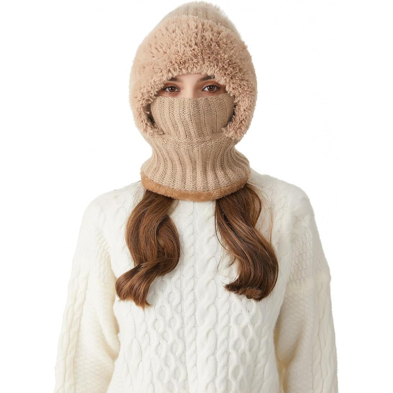 HUAMULAN Khaki 3-in-1 Fleece Lined Winter Balaclava Beanie with Pompom for Skiing