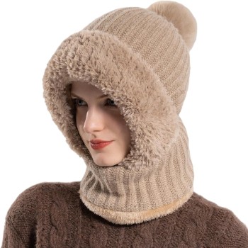 HUAMULAN Women's 3-in-1 Fleece Lined Winter Balaclava Beanie, Ski Snow Hat with Pompom, Khaki for Extreme Cold Outdoor Sports