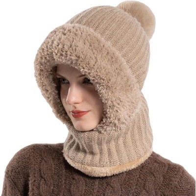 HUAMULAN Khaki 3-in-1 Fleece Lined Winter Balaclava Beanie with Pompom for Skiing